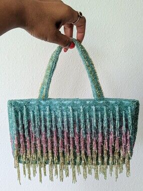 NWT Mermaid Rainbow Beaded Fringe East West Top Handle Crossbody Bag India